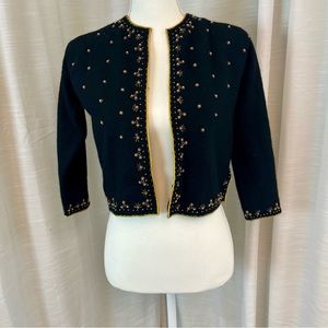 C. C. KING Cardigan Sweater Cropped Black Pearl and Gold Detailing